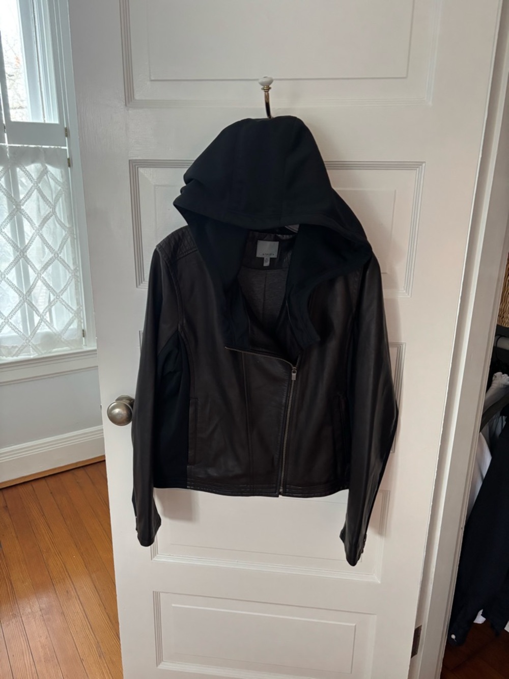 Athleta Black Leather Asym Zip Motorcycle Hoodie Jacket Size XL - Picture 2 of 7
